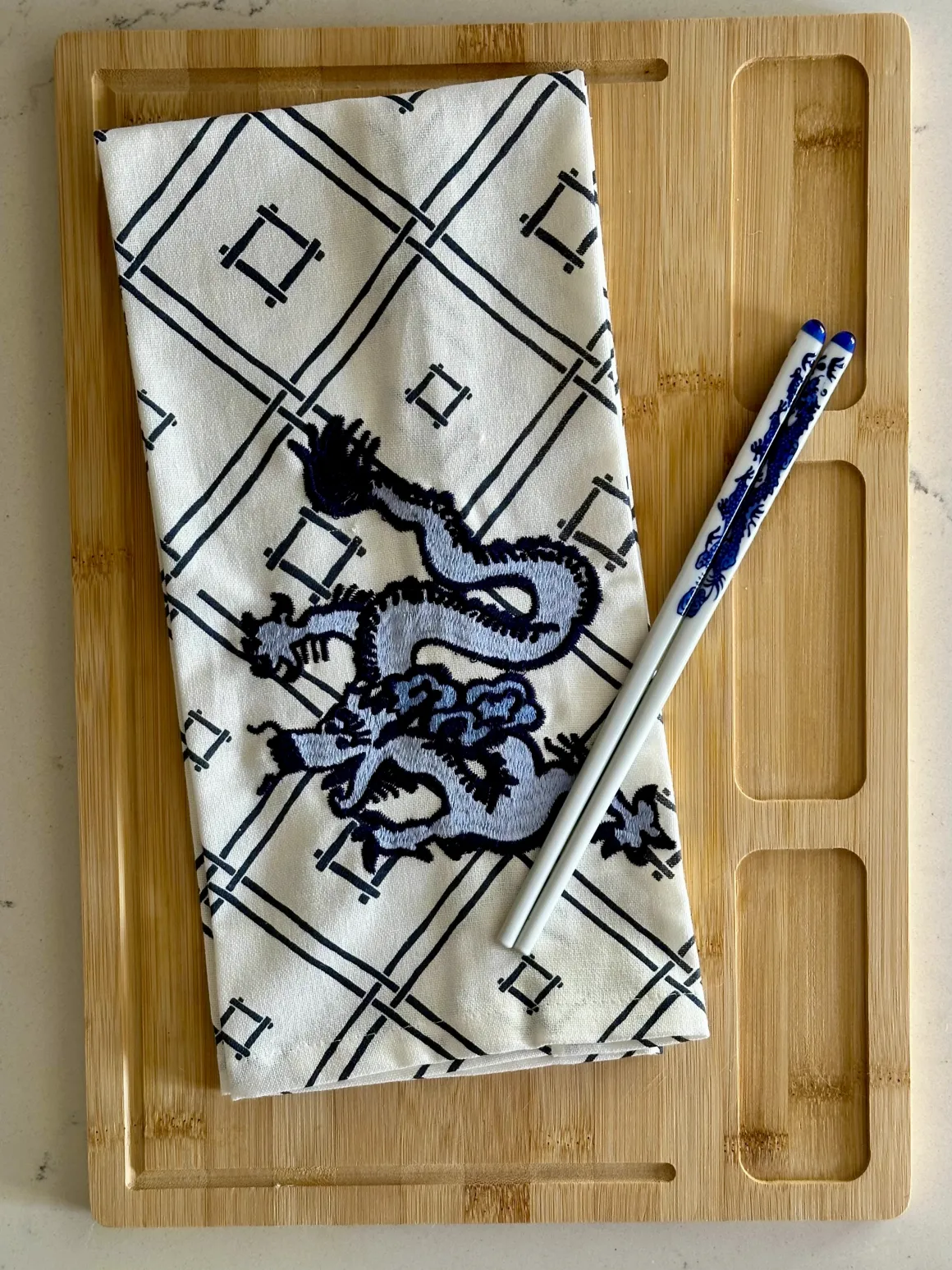 Dragon Rose Navy Tea Towel