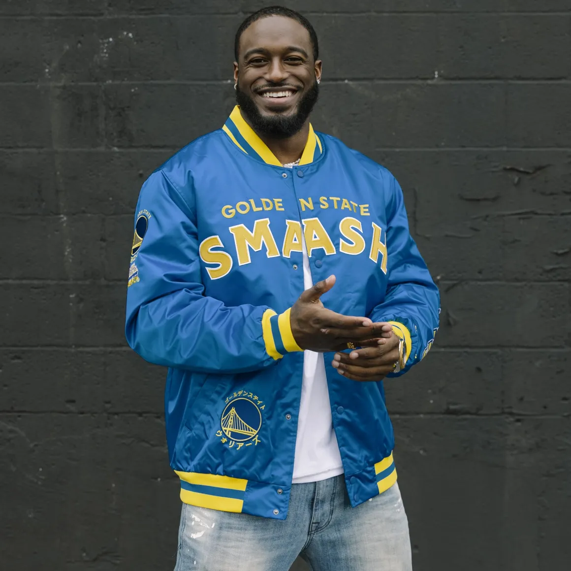 My Hero Academia x Hyperfly x NBA - All Might Golden State Warriors Satin Jacket